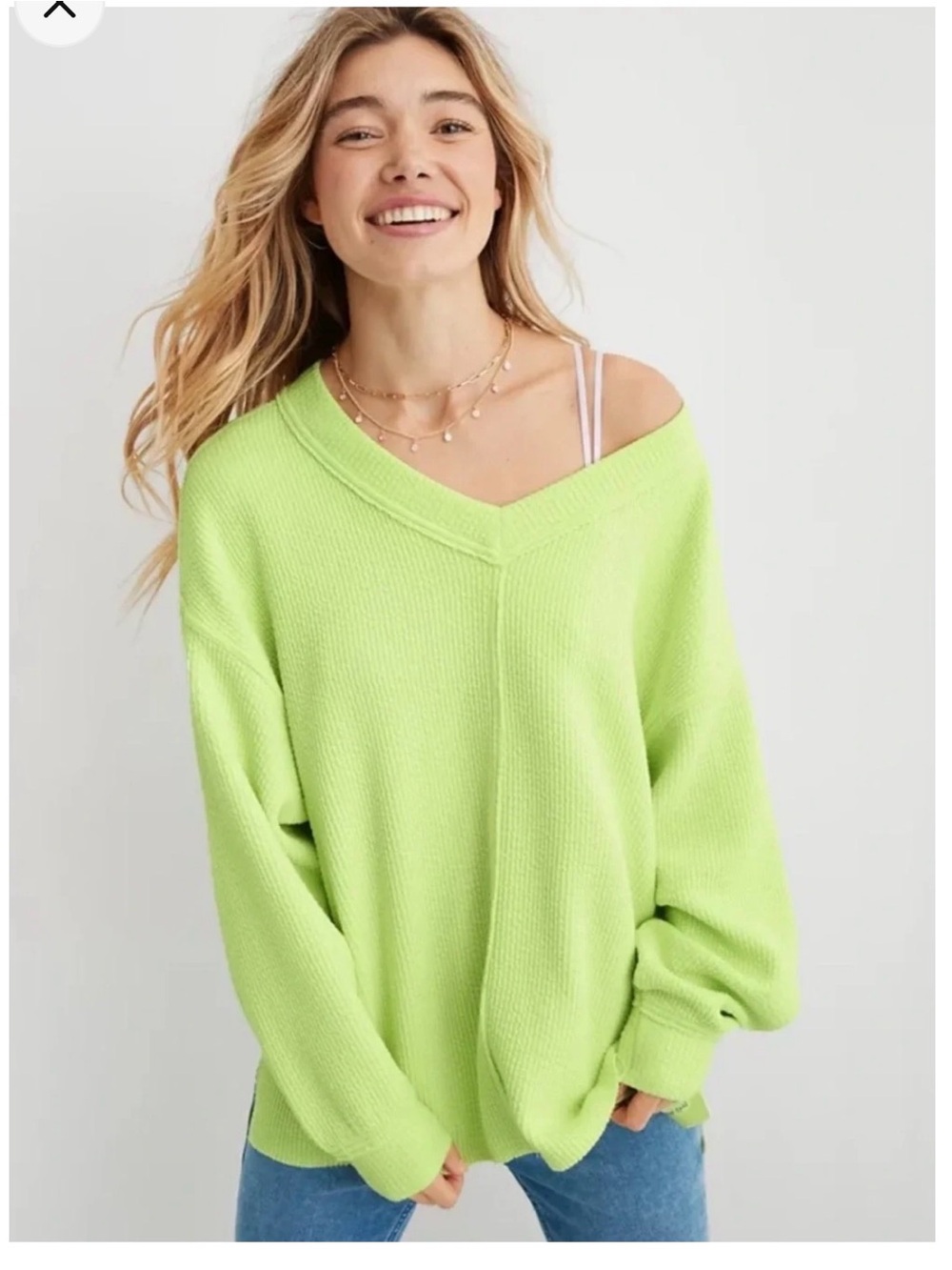Aerie Wonder Textured V-Neck Sweatshirt Oversized Loungewear Lime Green Glow